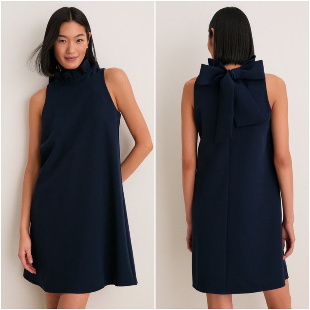 Tuckernuck Navy Ruffle-Neck Shift Dress with Back Bow